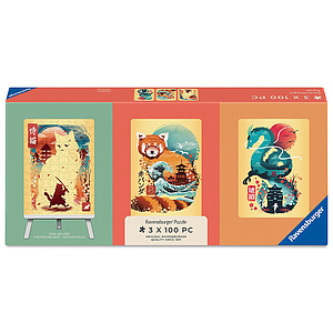 Ravensburger Puzzle 3x100 Pieces: Ukiyo-E Cat Warrior, Red Panda and Dragon &amp; Easel Set